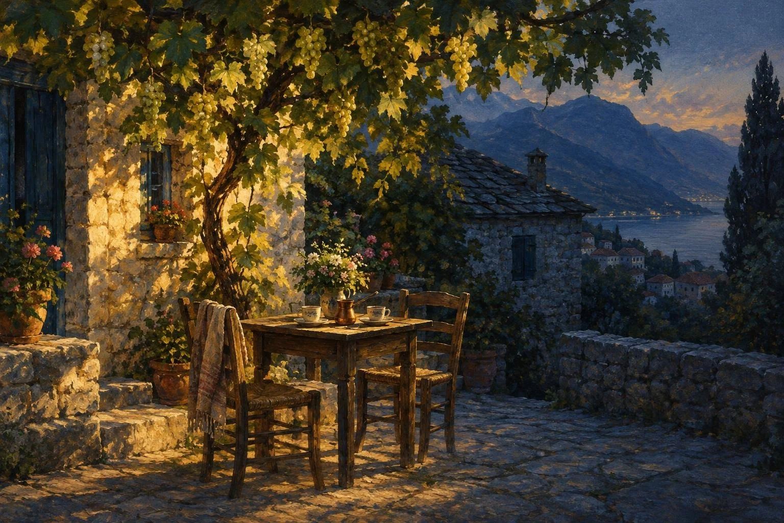 Një oborr prej guri me hardhi rrushi në dritën e ëmbël të muzgut