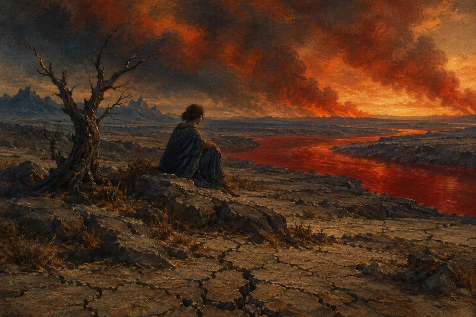 Tokë e plasaritur nën një qiell të zymtë ngjyrë bakri dhe një lumë të kuq në horizont