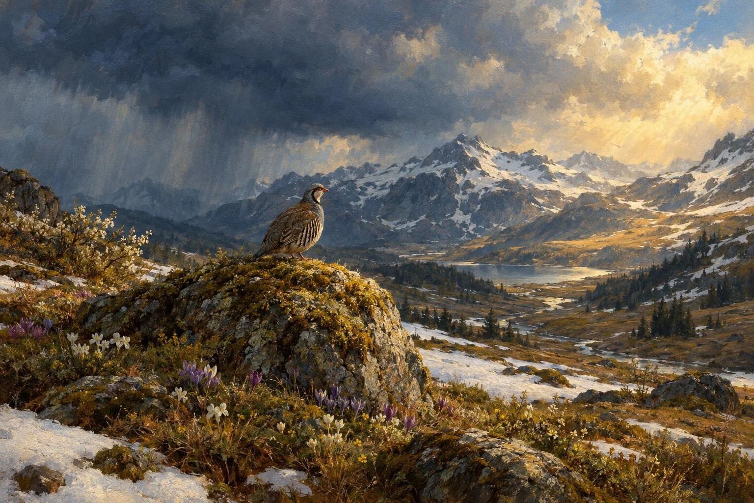 Lëndinë alpine mes dëborës që shkrin dhe luleve të para të pranverës nën re