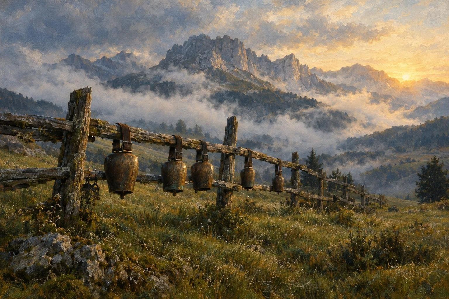 Këmborë bagëtish të varura në një gardh druri në një pllajë të mjegullt malesh