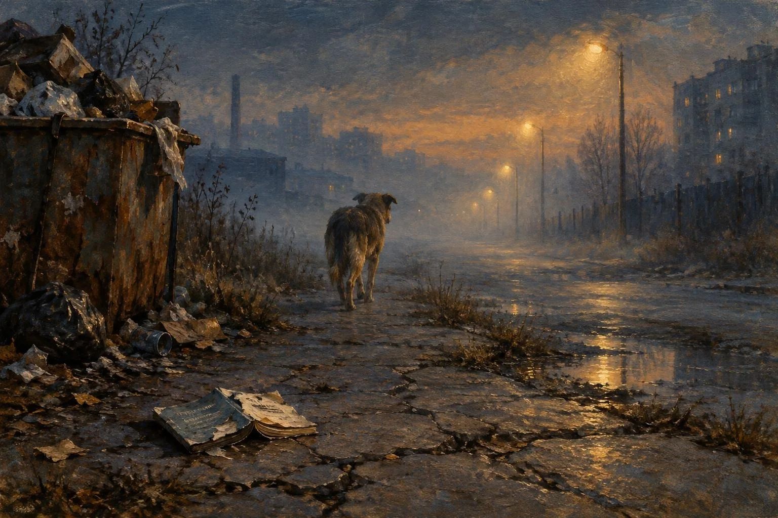 Rrugë e braktisur në muzg me një librezë të hedhur dhe një qen që largohet mes mjegullës.