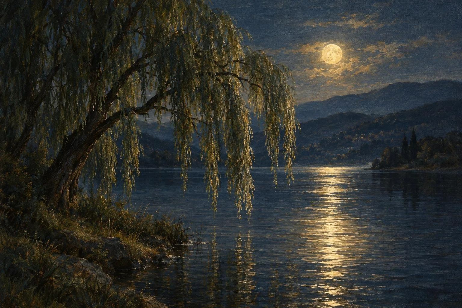 Një shelg vajtues buzë një liqeni të qetë nën dritën e argjendtë të hënës