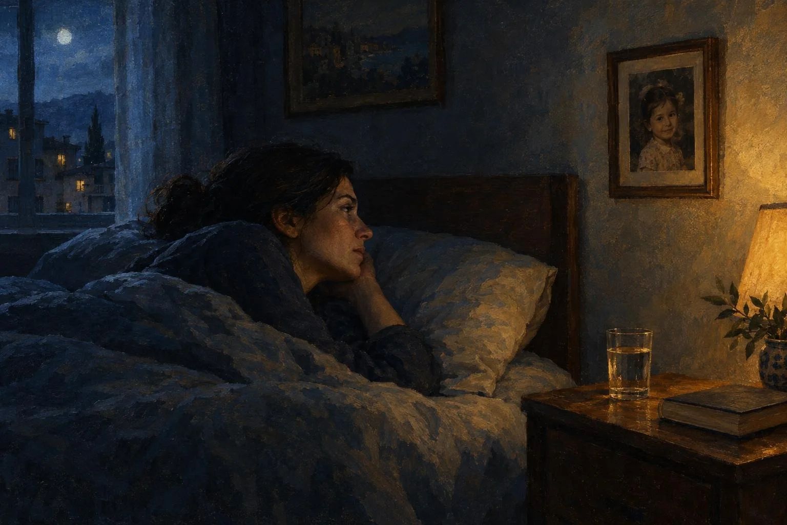 Një nënë e zgjuar natën në shtrat shikon fotografinë e vajzës së saj të vogël të varur në mur, nën dritën e hënës.