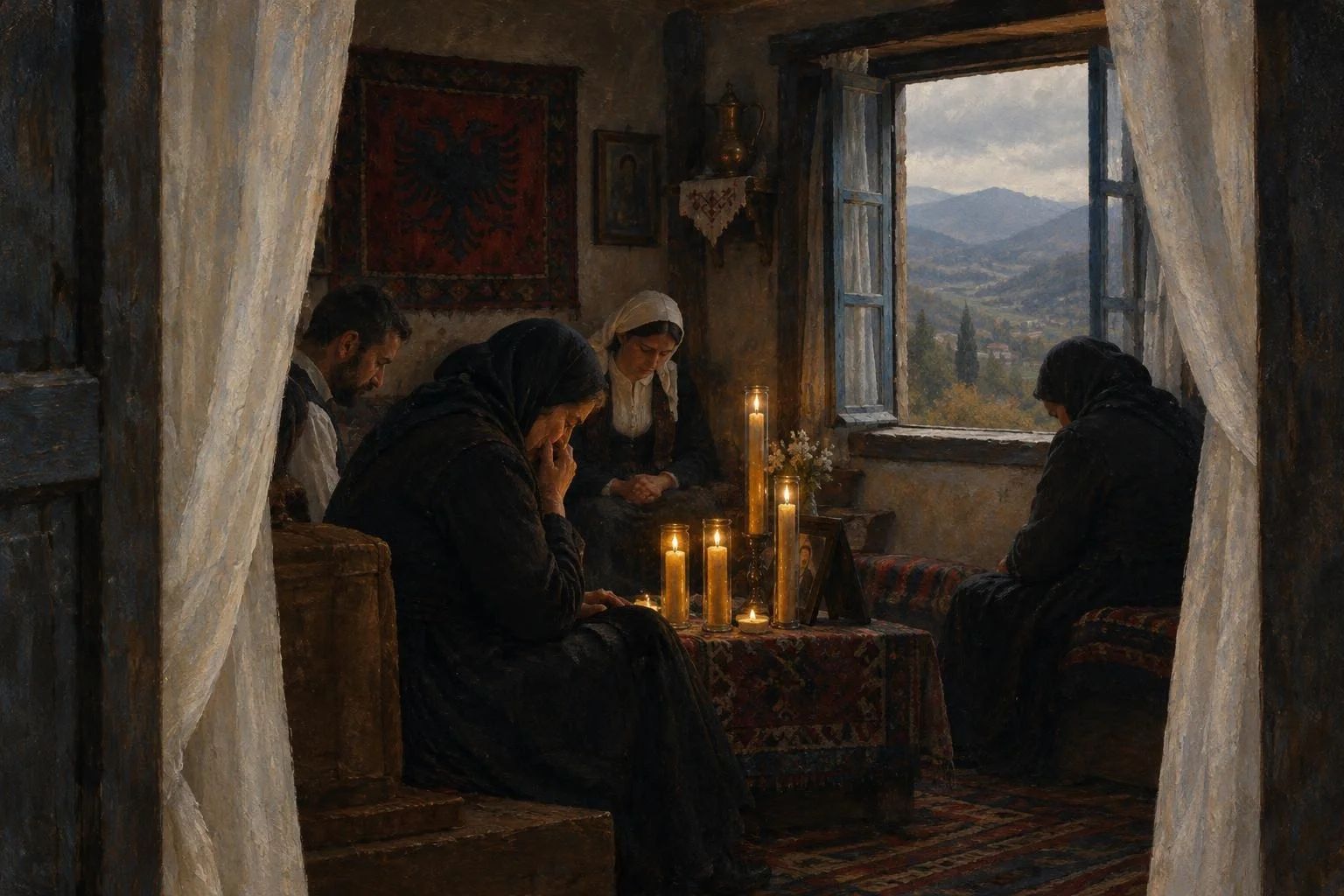 Një dhomë me dritë qirinjsh përkujtimorë dhe të afërm të mbledhur në zi