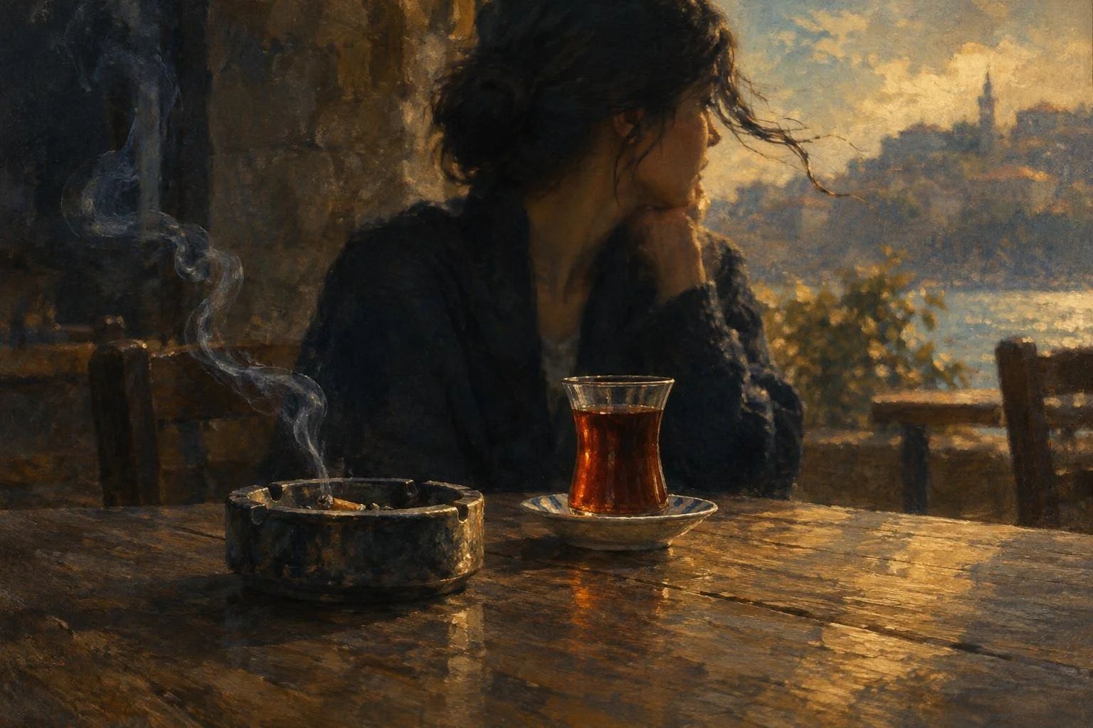 Një tavolinë e qetë kafeneje me tym të hollë dhe dritë të ngrohtë pasditeje