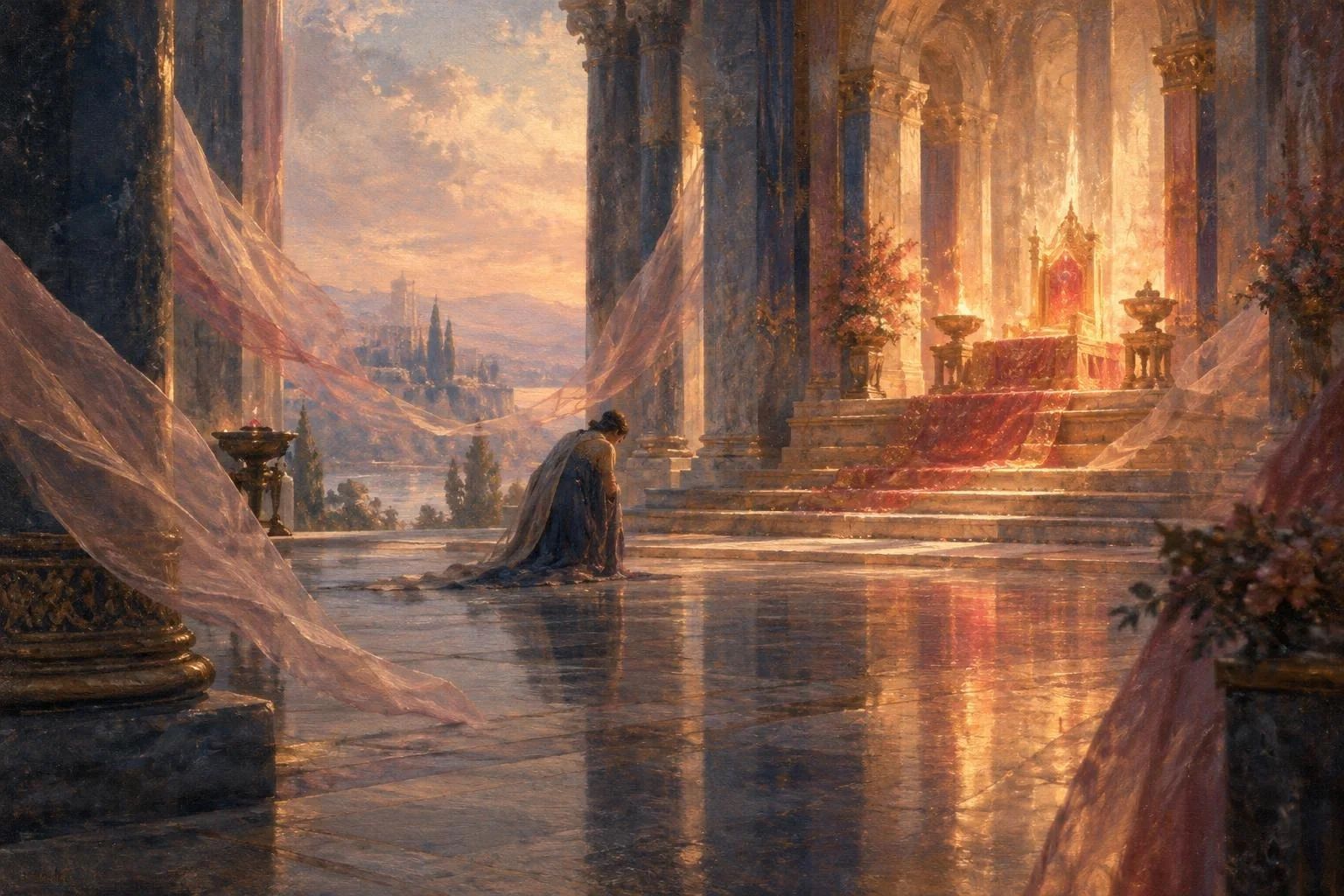 Një figurë e përkulur në lutje brenda një salle të ndriçuar me dritë të artë dhe vello të bardha