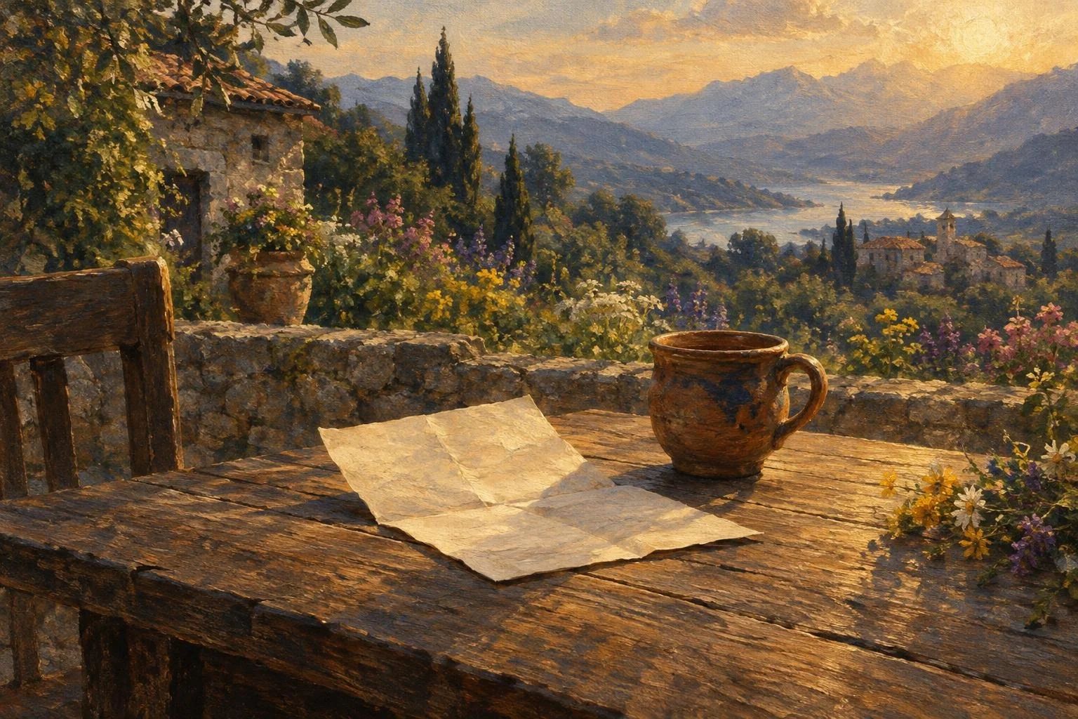 Një letër e hapur mbi tryezën e një kopshti me lule nën dritën e mëngjesit