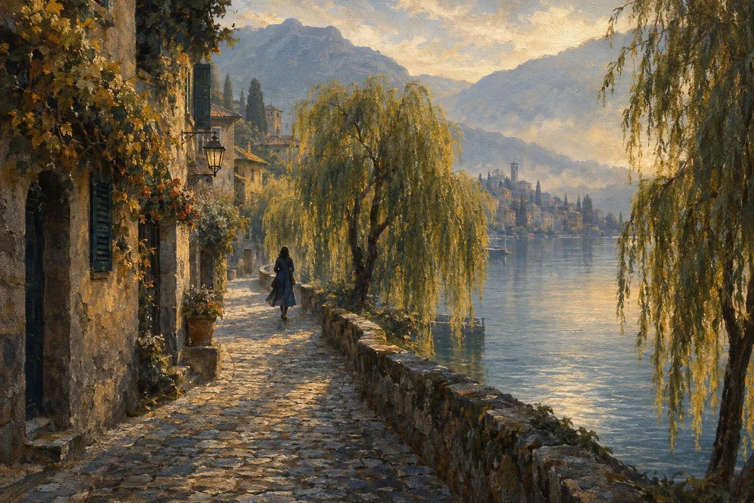Rrugicë me kalldrëm buzë liqenit me një figurë që ecën pranë shelgjeve në mëngjes