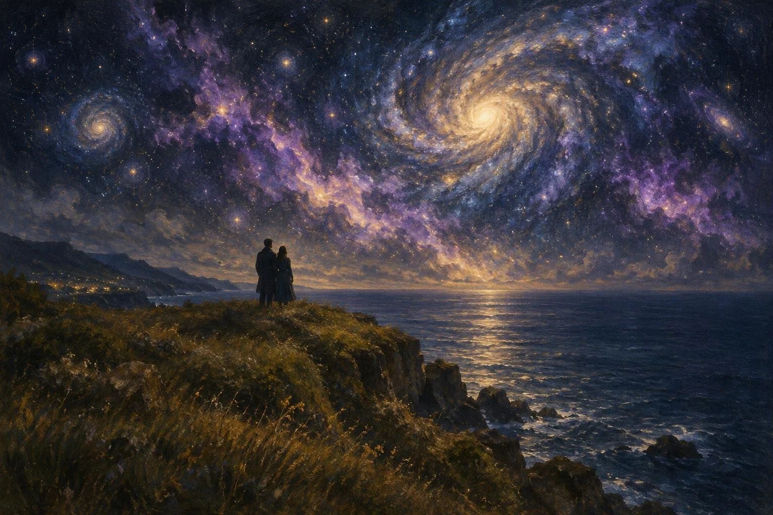 Dy silueta mbi një shkëmb në bregdet nën një qiell të mbushur me yje dhe galaktika