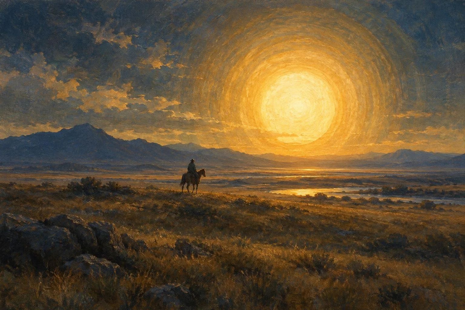 Një diell i madh dhe i artë që rrezaton dritë të ngrohtë mbi një fushë të pafund