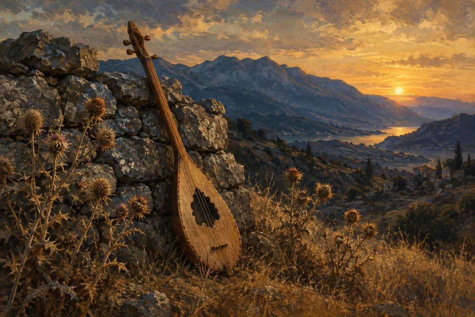 Një instrument tradicional lahutë i mbështetur në një mur guri në perëndim