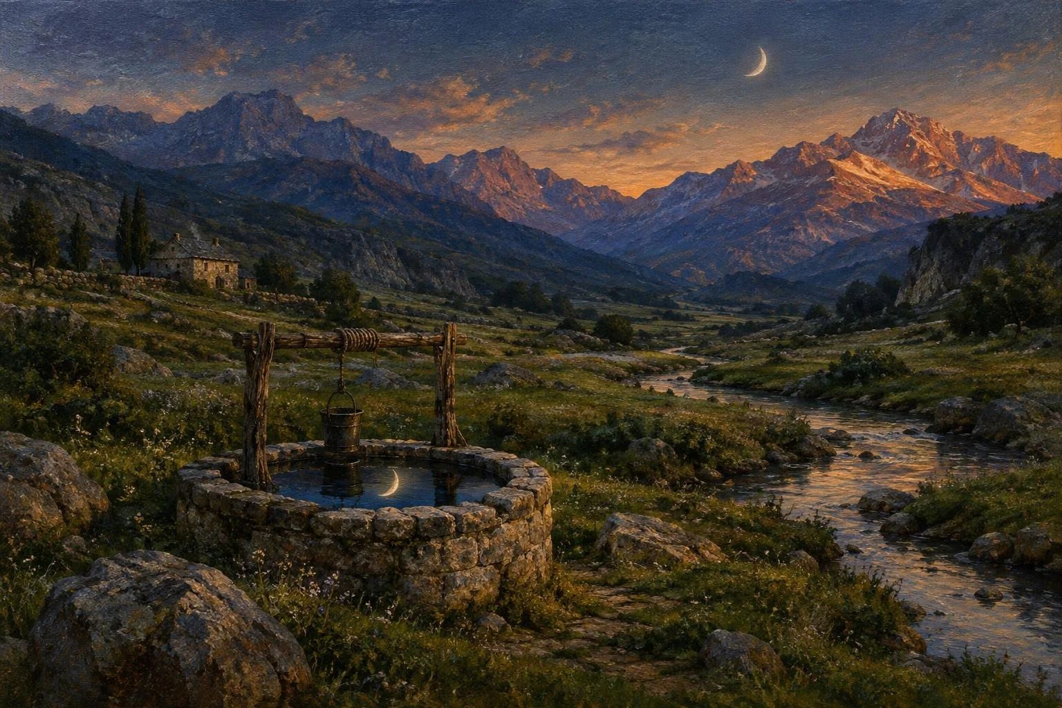 Një pus i vjetër guri që pasqyron hënën në një luginë malore në muzg