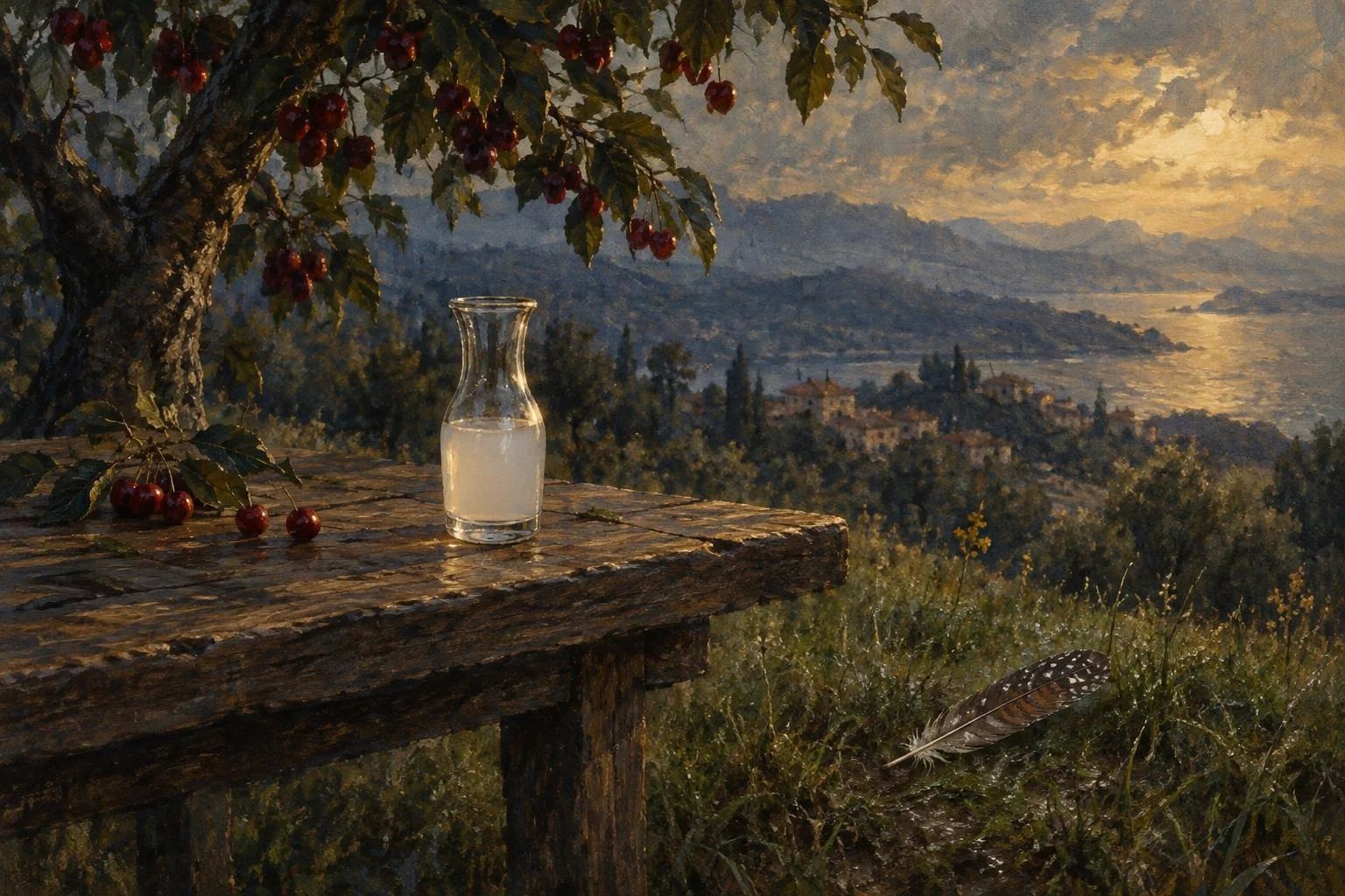 Një tavolinë druri nën pemën e qershisë me një gotë raki dhe një pendë thëllëze në bar