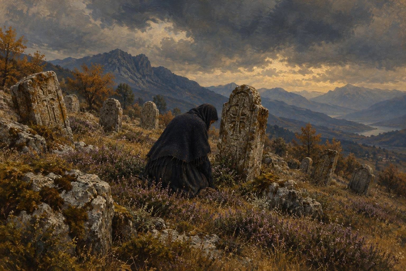 Një figurë e përkulur në lutje pranë një varri të vjetër guri në kodër