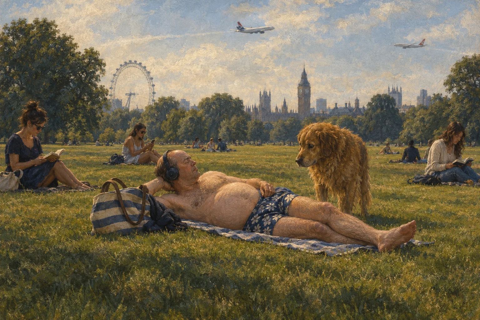 Lëndinë në një park londinez: një burrë me bark në rroba banje shtrihet mbi peshqir në diell, ndërsa gratë përreth mbajnë distancë dhe një qen e vështron.