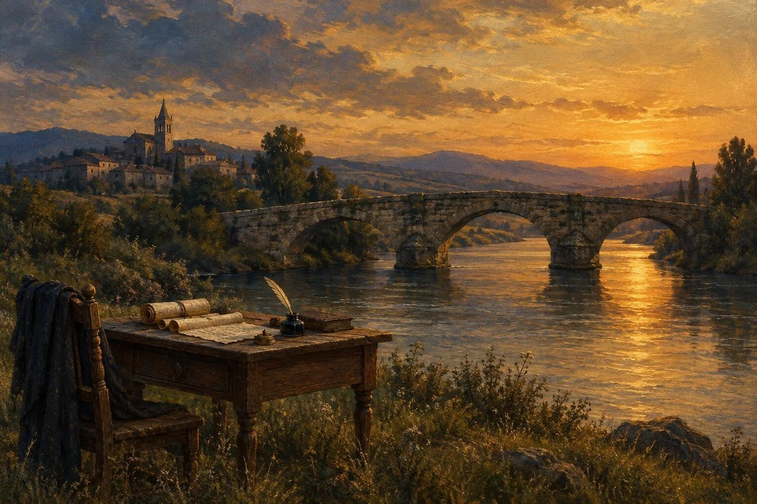 Një urë e vjetër guri me tri harqe mbi lumë pranë një tryeze shkrimi me pergamenë