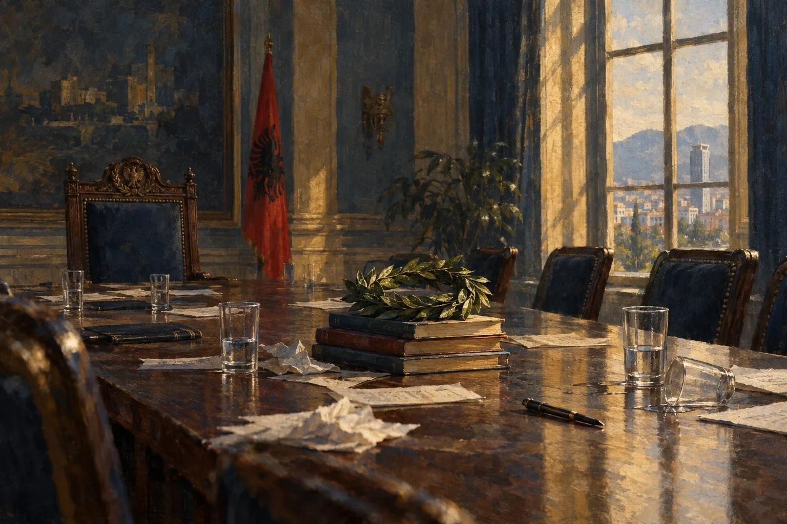 A long jury table with an empty chair at its head; a laurel wreath on a stack of poetry books among papers scattered after a debate.
