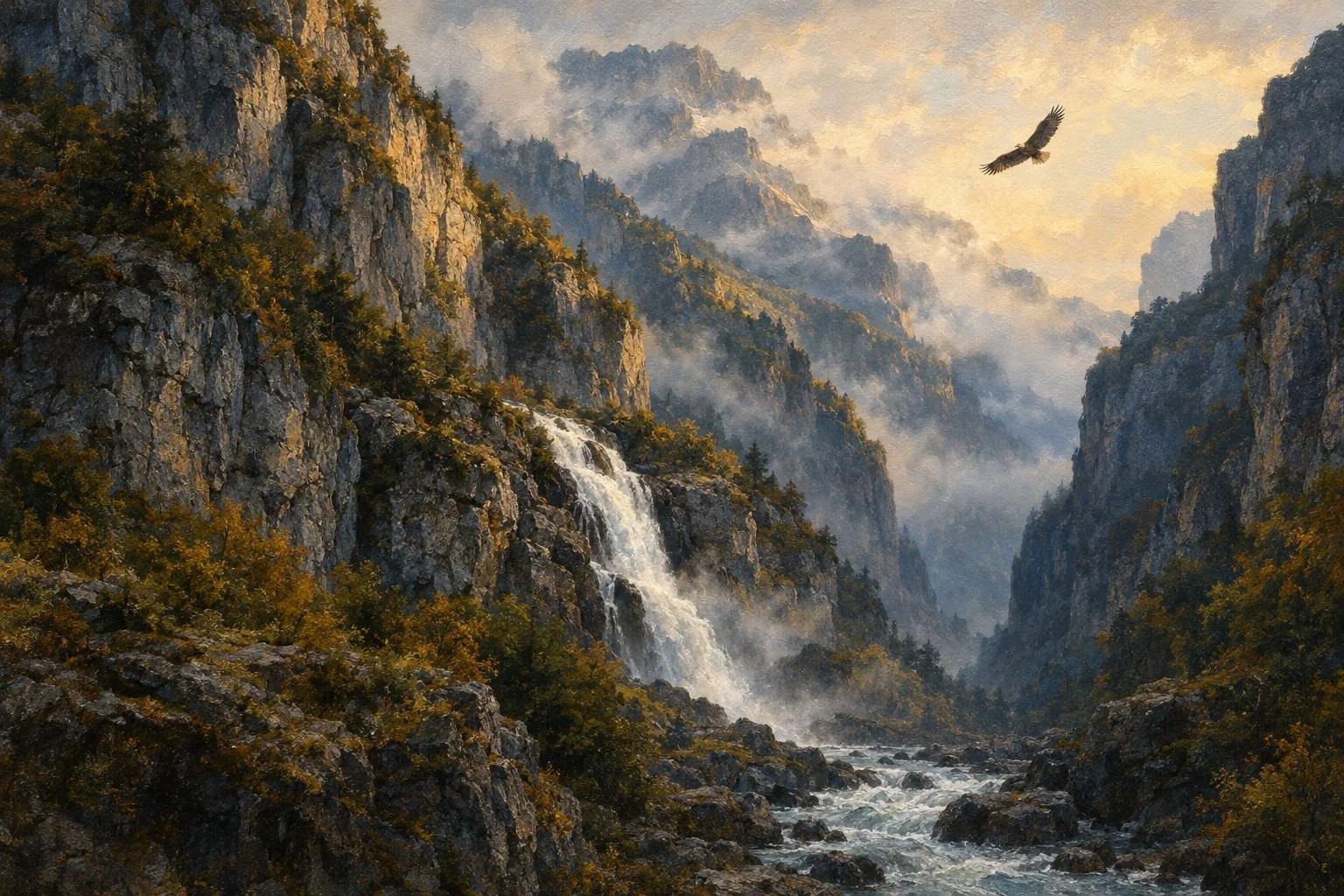 Gryka shkëmbore e Rugovës me një ujëvarë të lartë dhe shqiponjën në qiell