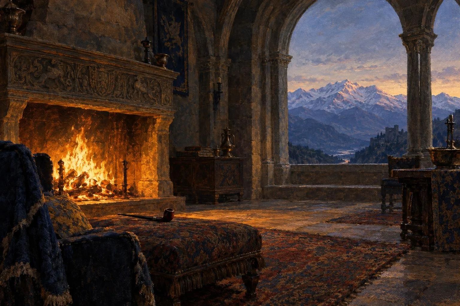 Një sallë e gurtë kështjelle me oxhak të ndezur dhe pamje të maleve me dëborë