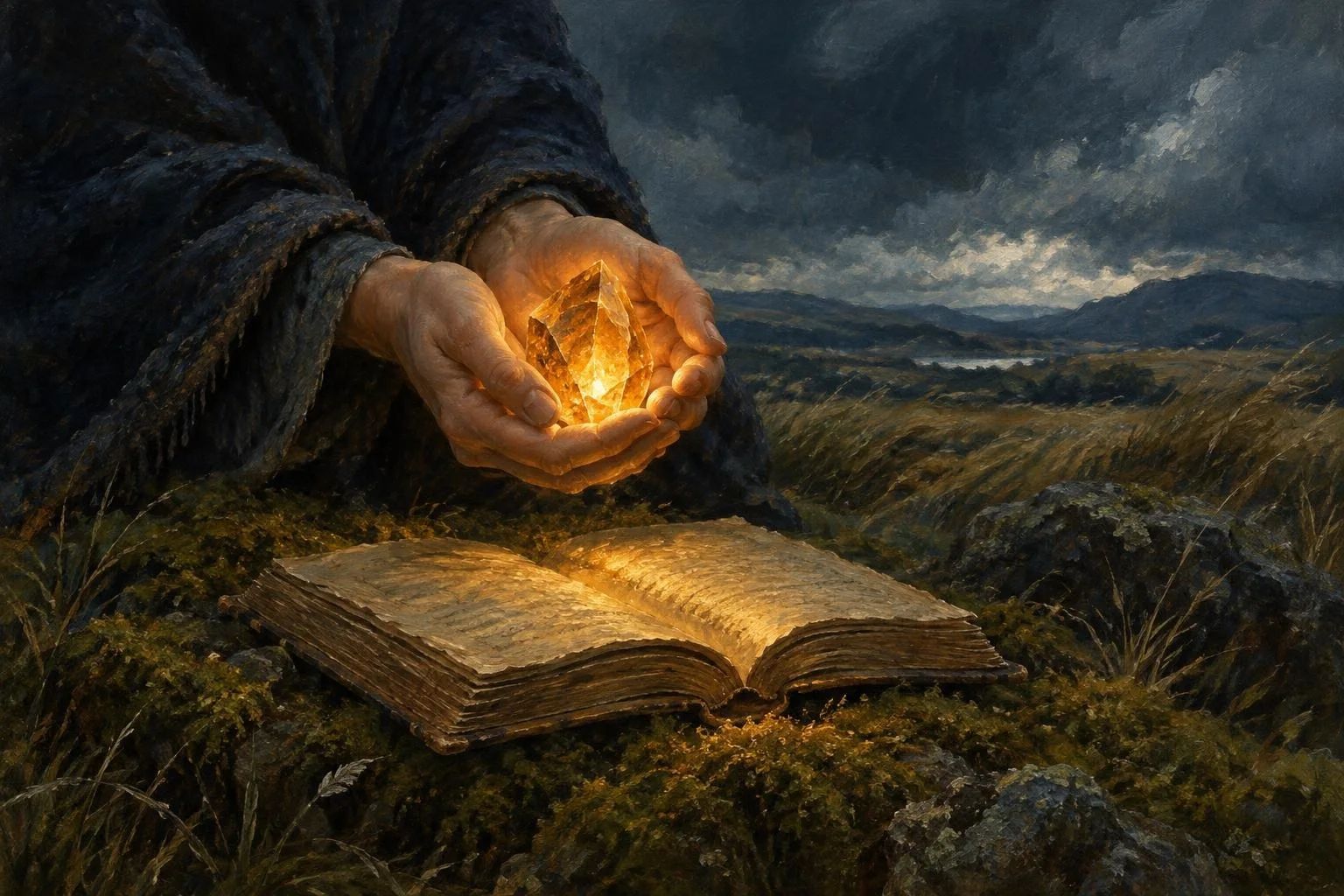 Duart që mbajnë me kujdes një kristal të ndritshëm mbi një libër të hapur në një fushë të stuhishme