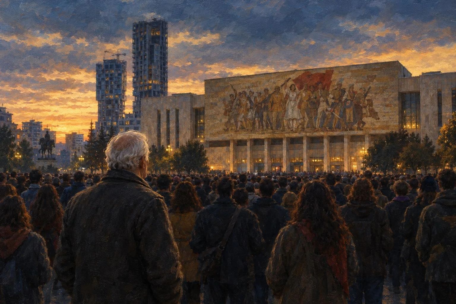 Sheshi Skënderbej në muzg gjatë një proteste paqësore: turma parë nga pas përballë mozaikut të Muzeut Historik Kombëtar dhe një burrë me flokë të bardhë në plan të parë.