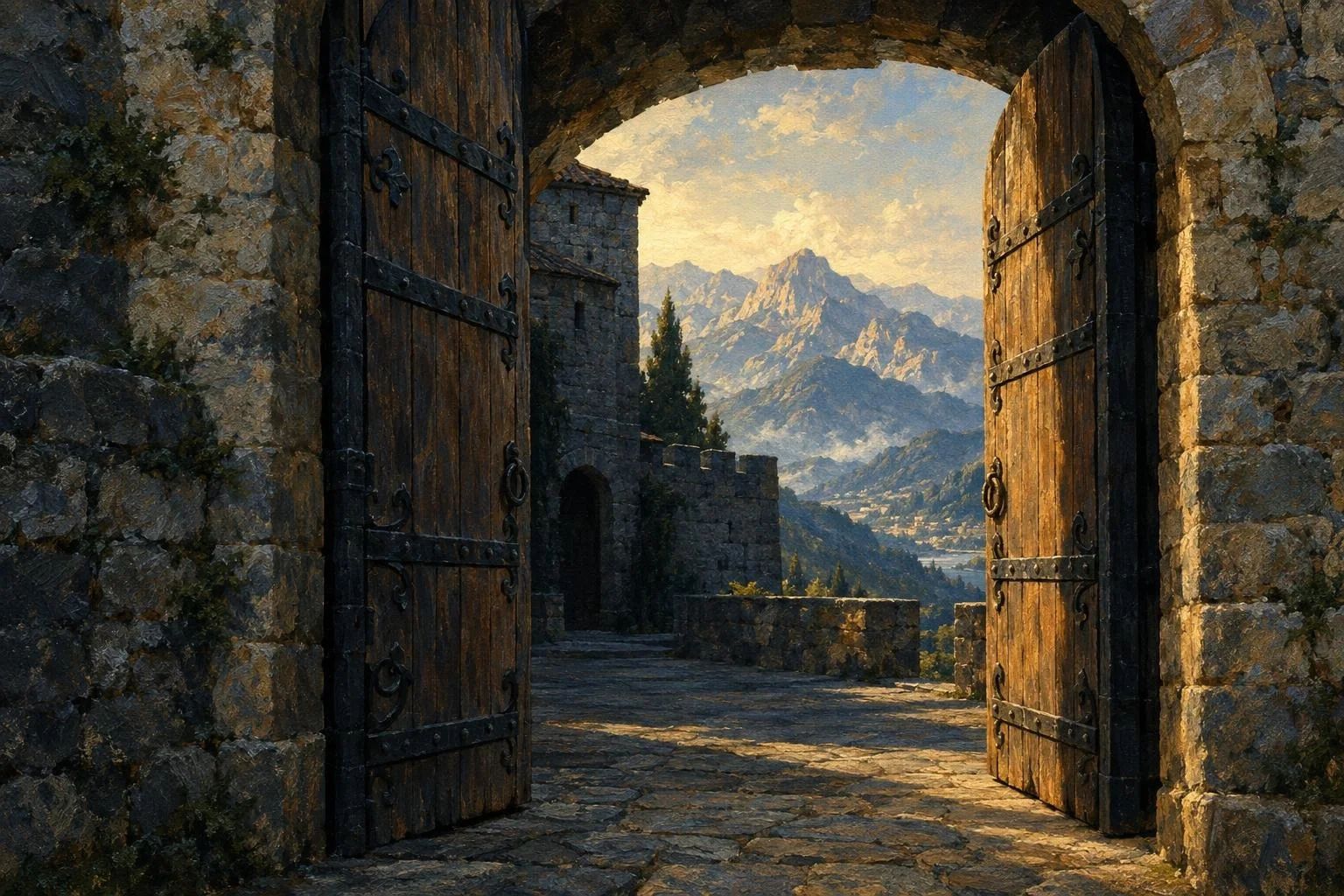 Portë e rëndë guri e druri në një kala me pamje drejt maleve me diell