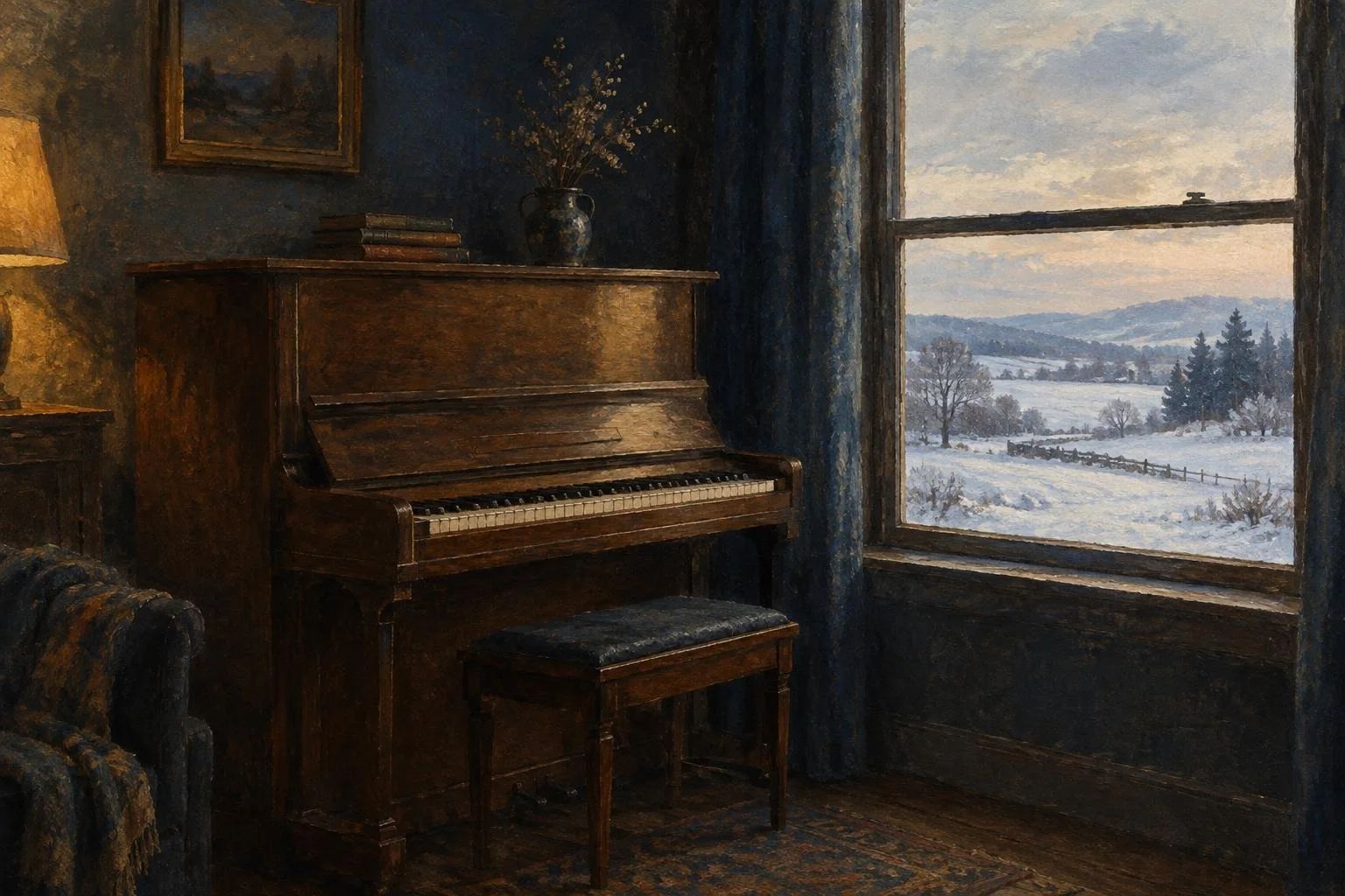 Një piano pranë dritares me pamje nga një peizazh i mbuluar me borë të bardhë