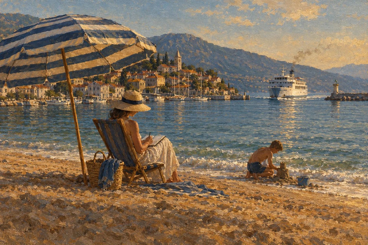 Plazh në një qytet të vogël bregdetar: një grua shkruan nën çadër, djali i saj luan në rërë dhe një traget mbërrin në port.