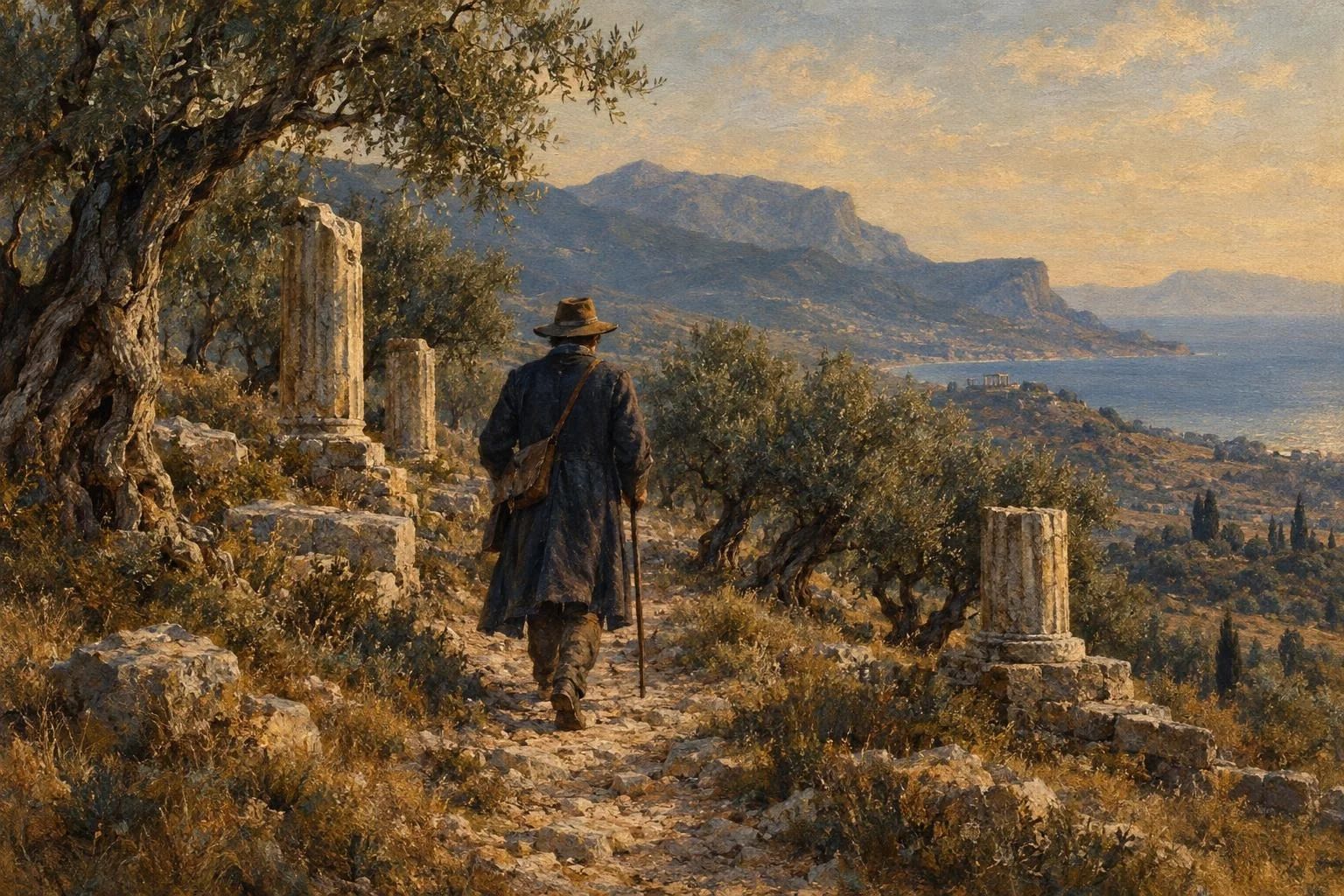 Një udhëtar i shekullit të nëntëmbëdhjetë që ecën mes rrënojave dhe ullinjve në një shteg shkëmbor