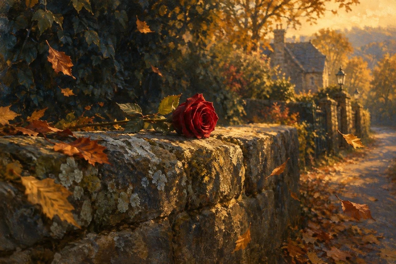 Një trëndafil i kuq mbi një mur guri në një rrugicë të qetë