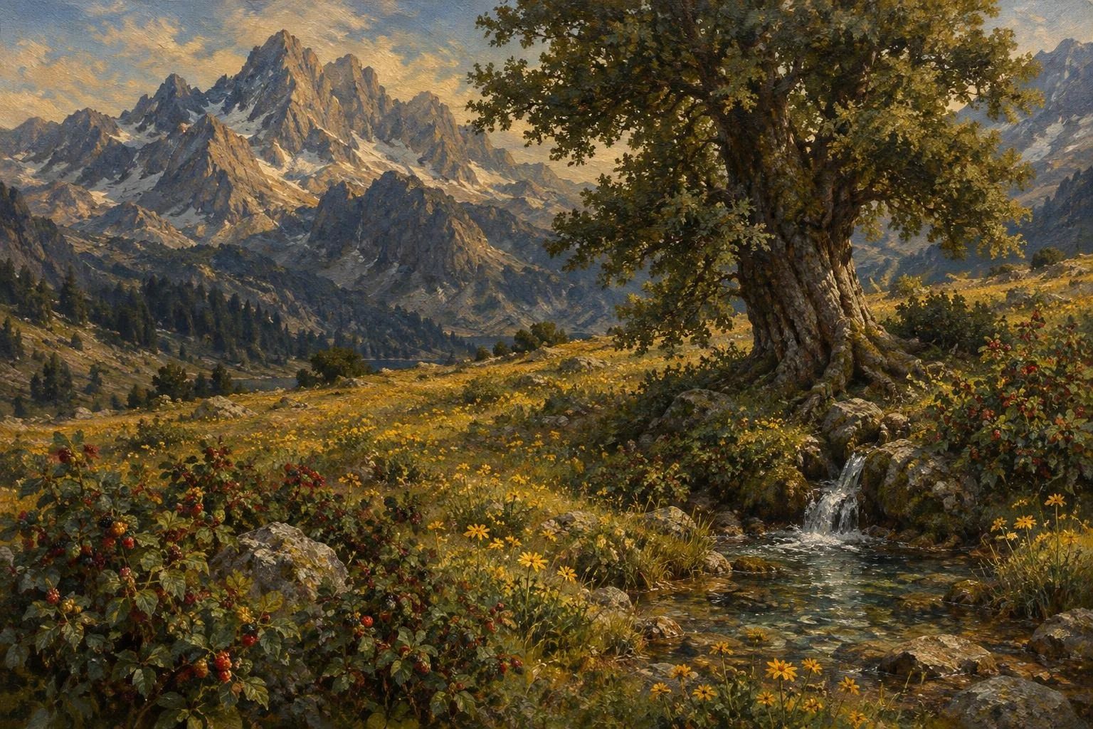 Kullotë e lartë alpine me lule të verdha dhe një gurrë mali pranë një mrizi