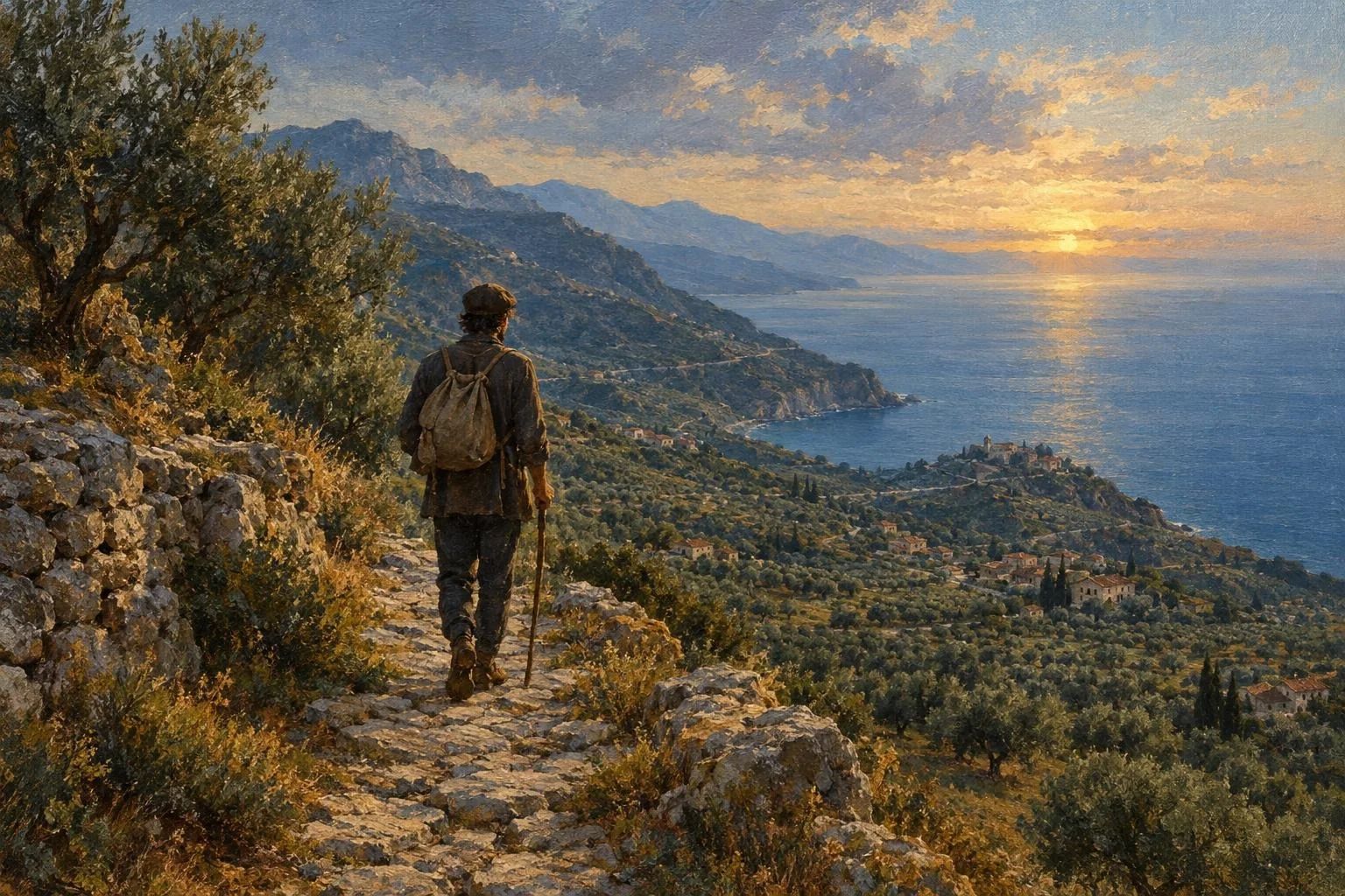 Një shtegtar duke ecur në një rrugë guri mes malesh drejt detit të kaltër në agim