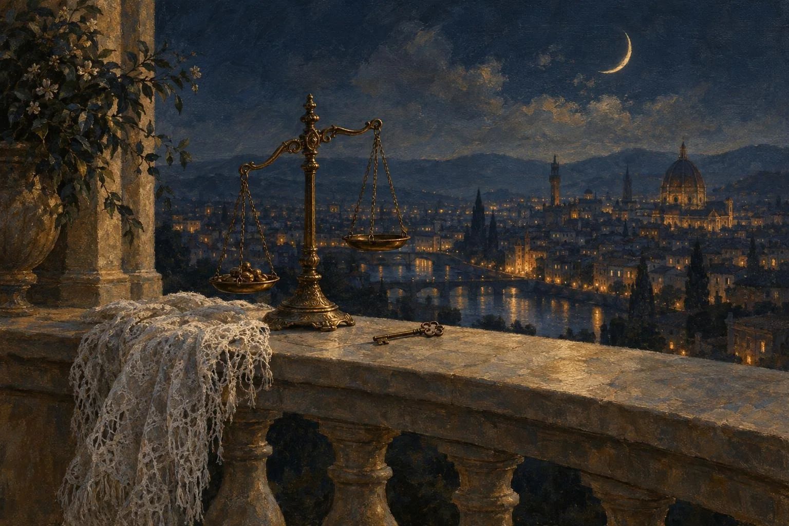 Peshore bronzi dhe një shall i bardhë mbi parmakun e një ballkoni nën hënë