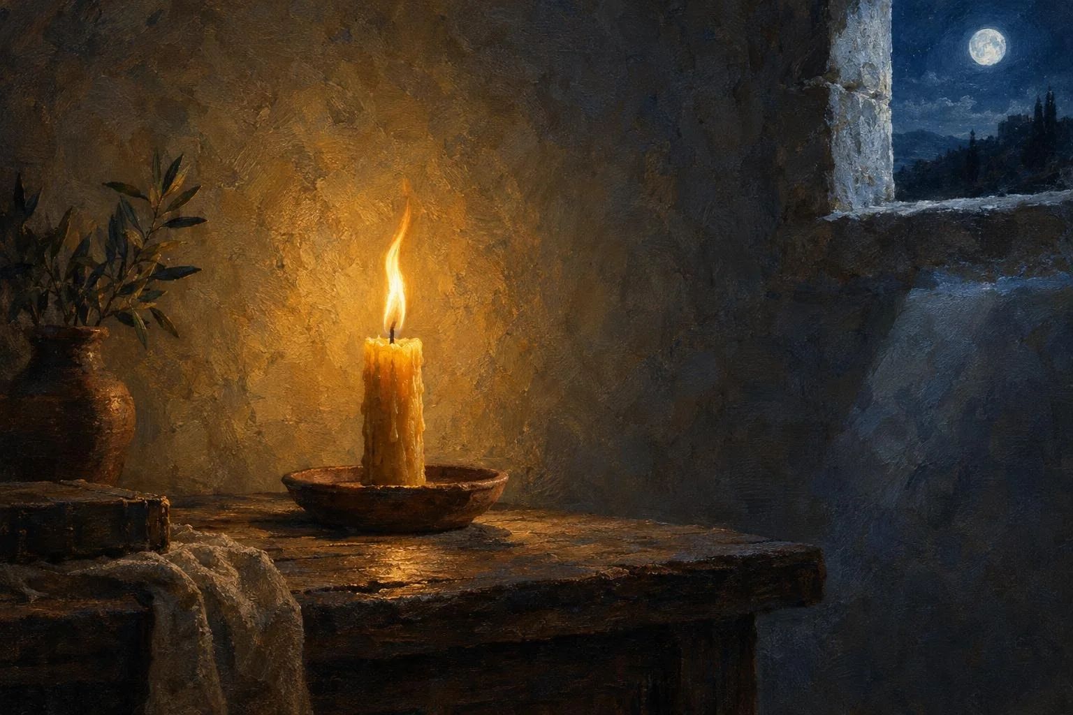 Një qiri dylli me flakë të artë që lëshon hije të ngrohta mbi një mur me suva