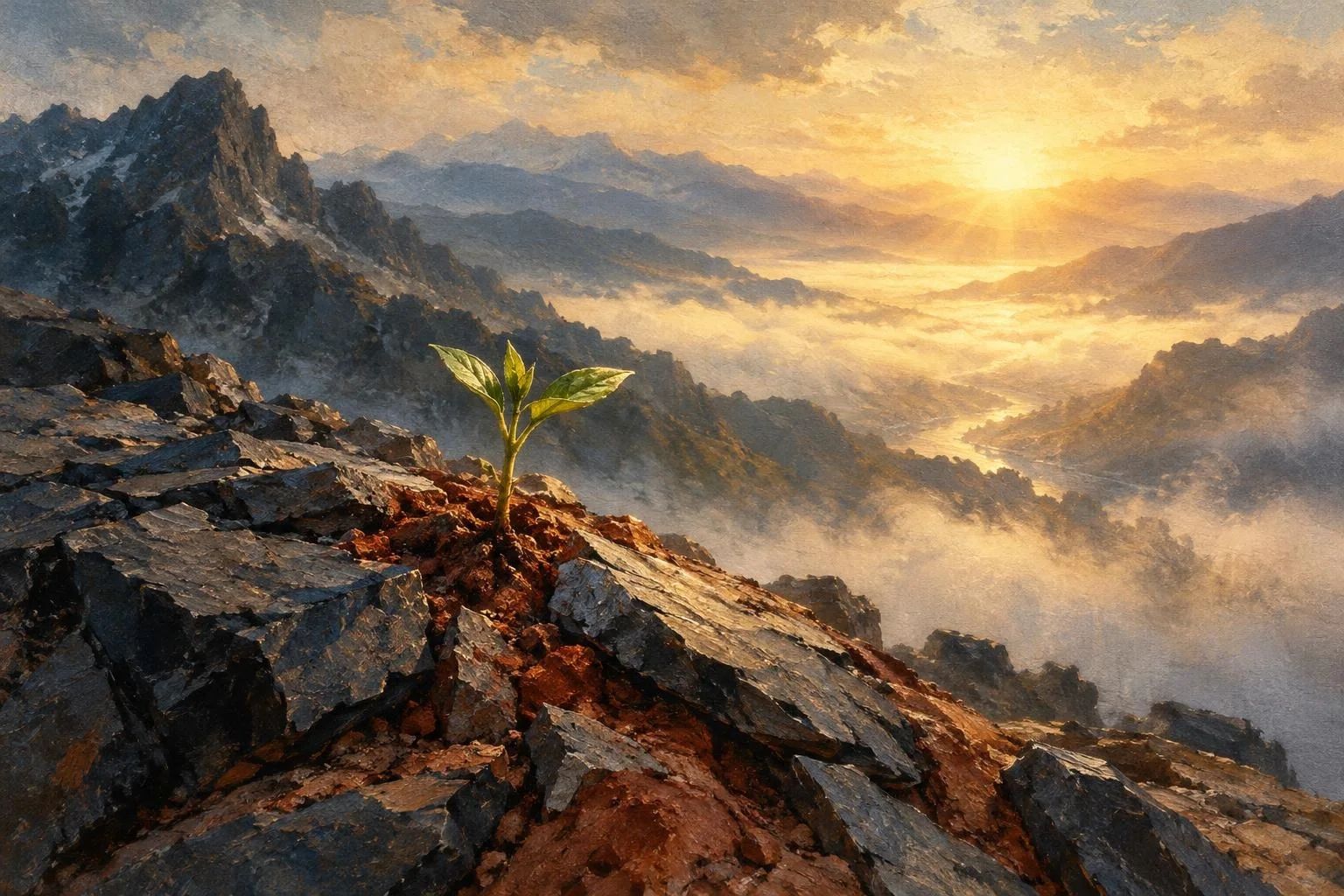 Dritë e fortë mëngjesi mbi një filiz të njomë që çan tokën e kuqërremtë malore