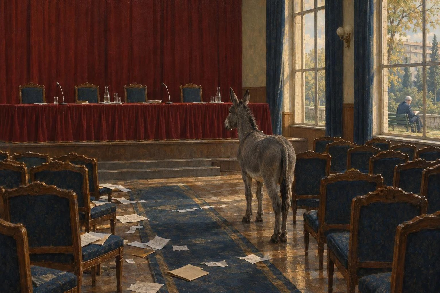 Sallë kongresi e zbehur me tribunë të mbuluar me pëlhurë të kuqe e letra të shpërndara; një gomar qëndron në korridorin qendror, ndërsa jashtë një plak shkruan në fletore.