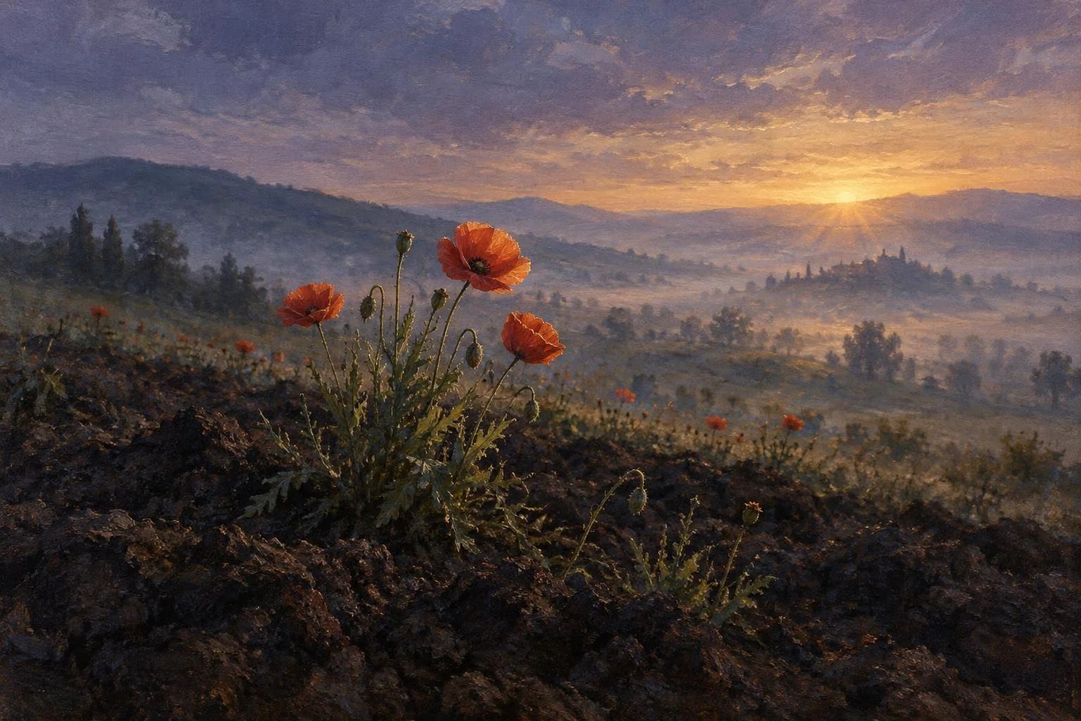 Lulekuqe të egra që çelin mbi tokën e lëruar në agim