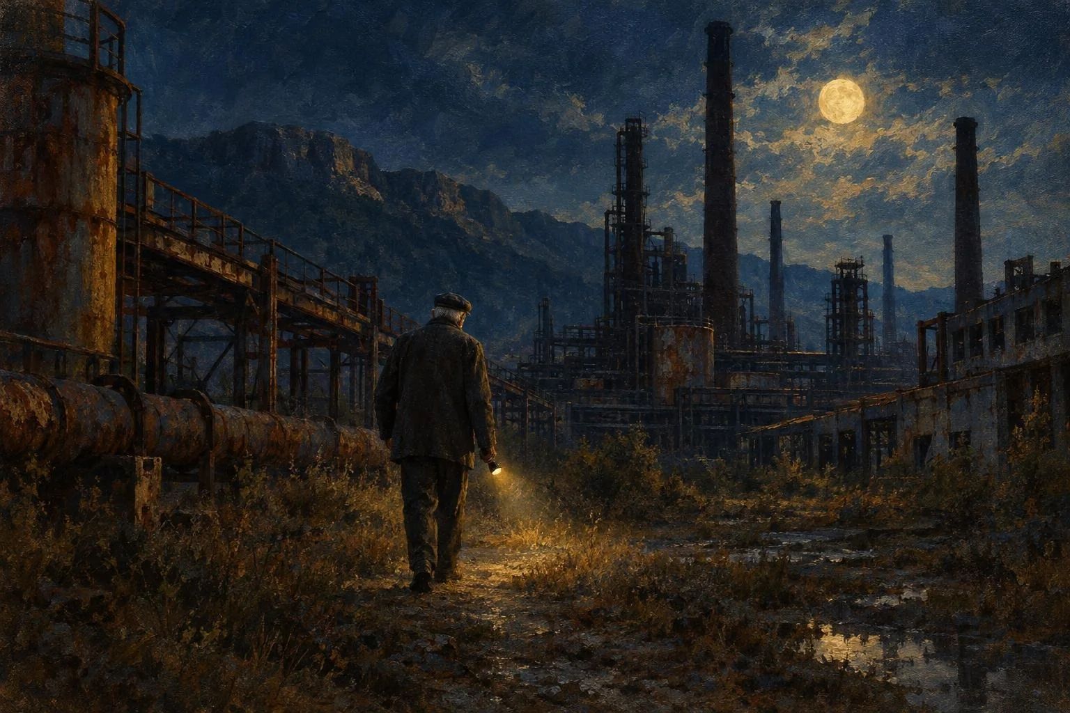 Një roje nate me elektrik dore duke ecur mes skeleteve industriale të Kombinatit të Laçit në dritën e hënës