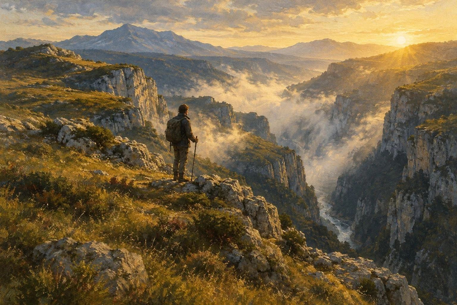 Dritë e artë mëngjesi mbi kreshta gëlqerore dhe fusha malore të mbuluara me mjegull