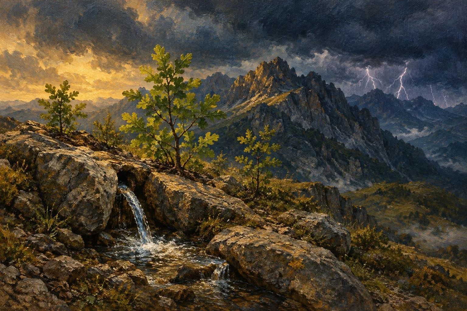 Majë mali me burim të freskët dhe filiza lisi që çajnë gurin nën stuhi.