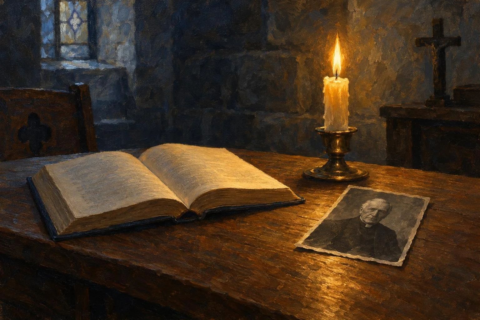Një libër i hapur dhe një fotografi e vjetër mbi tryezë druri pranë flakës së qiririt në kishë