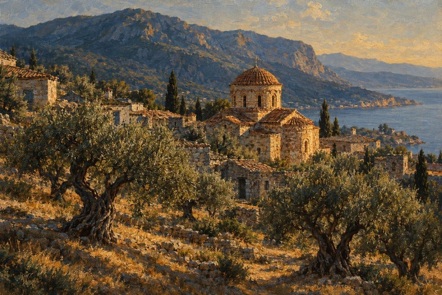 Fshat shkëmbor në Lakoni me shtëpi guri, ullinj të moçëm dhe kupolën e një kishe bizantine në diellin e pasdites