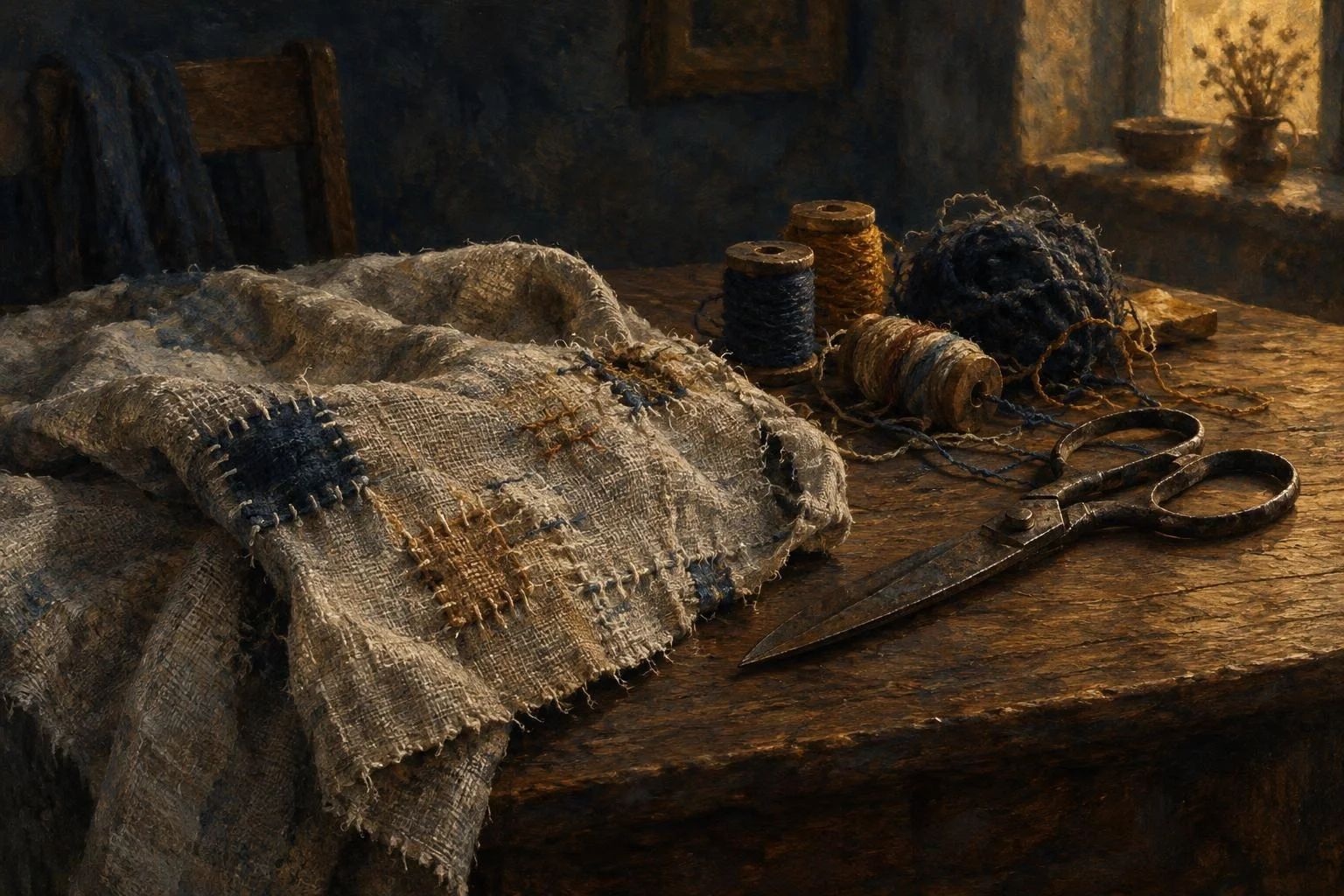 Pëlhurë e vjetër e arnuar me fije të ndryshme mbi një tryezë druri me gërshërë
