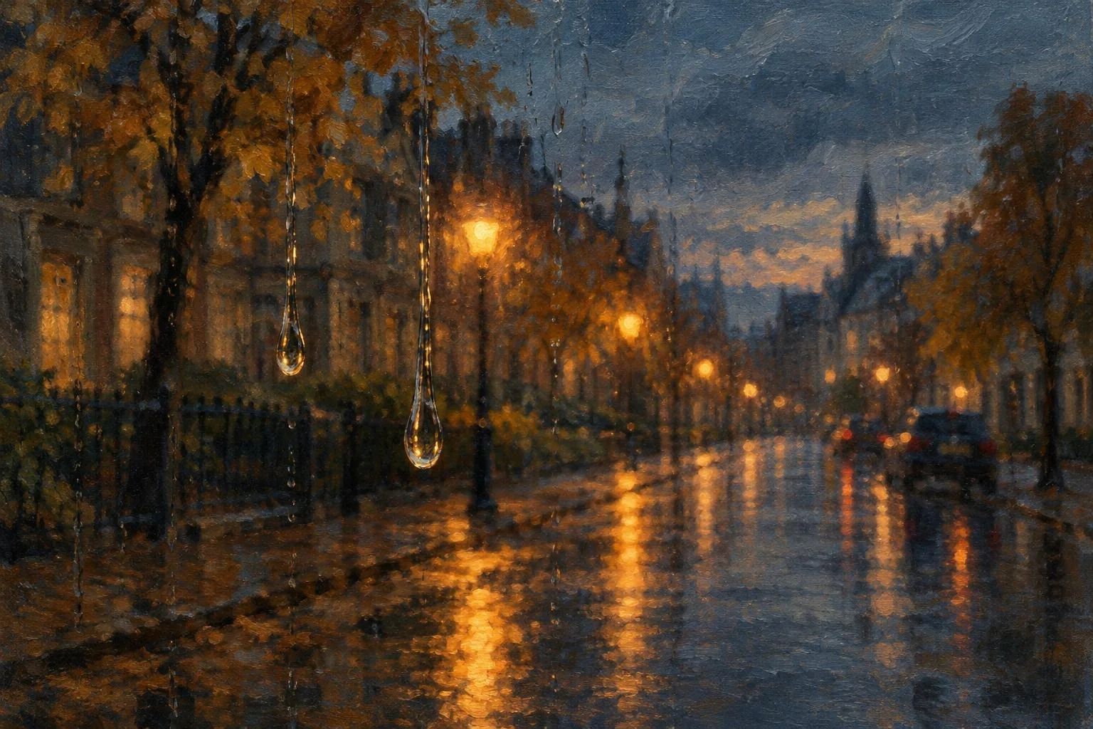 Xham dritareje me pika shiu me pamje mbi dritat e ngrohta të rrugës në muzg