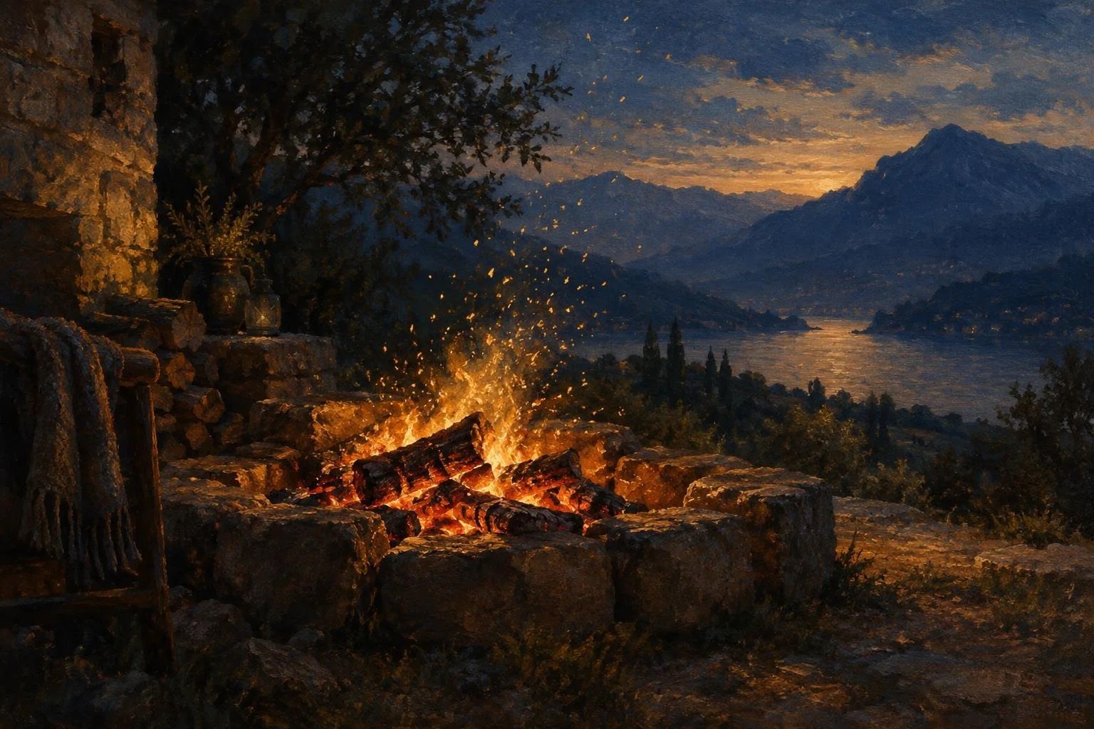 Prush i ndezur në një vatër të vjetër me shkëndija të arta që ngrihen lart