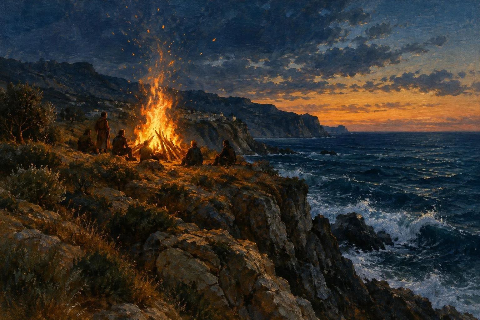 Një zjarr i madh e i ndezur fort mbi shkëmbinjtë buzë detit në muzg