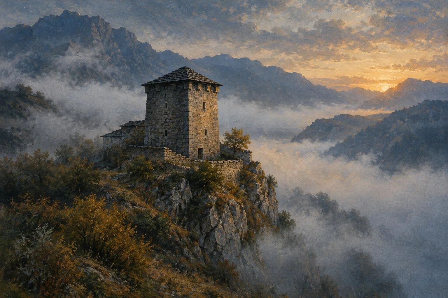 Mjegulla e mëngjesit duke u shpërndarë mbi një kullë guri në shkëmbinjtë e Mirditës
