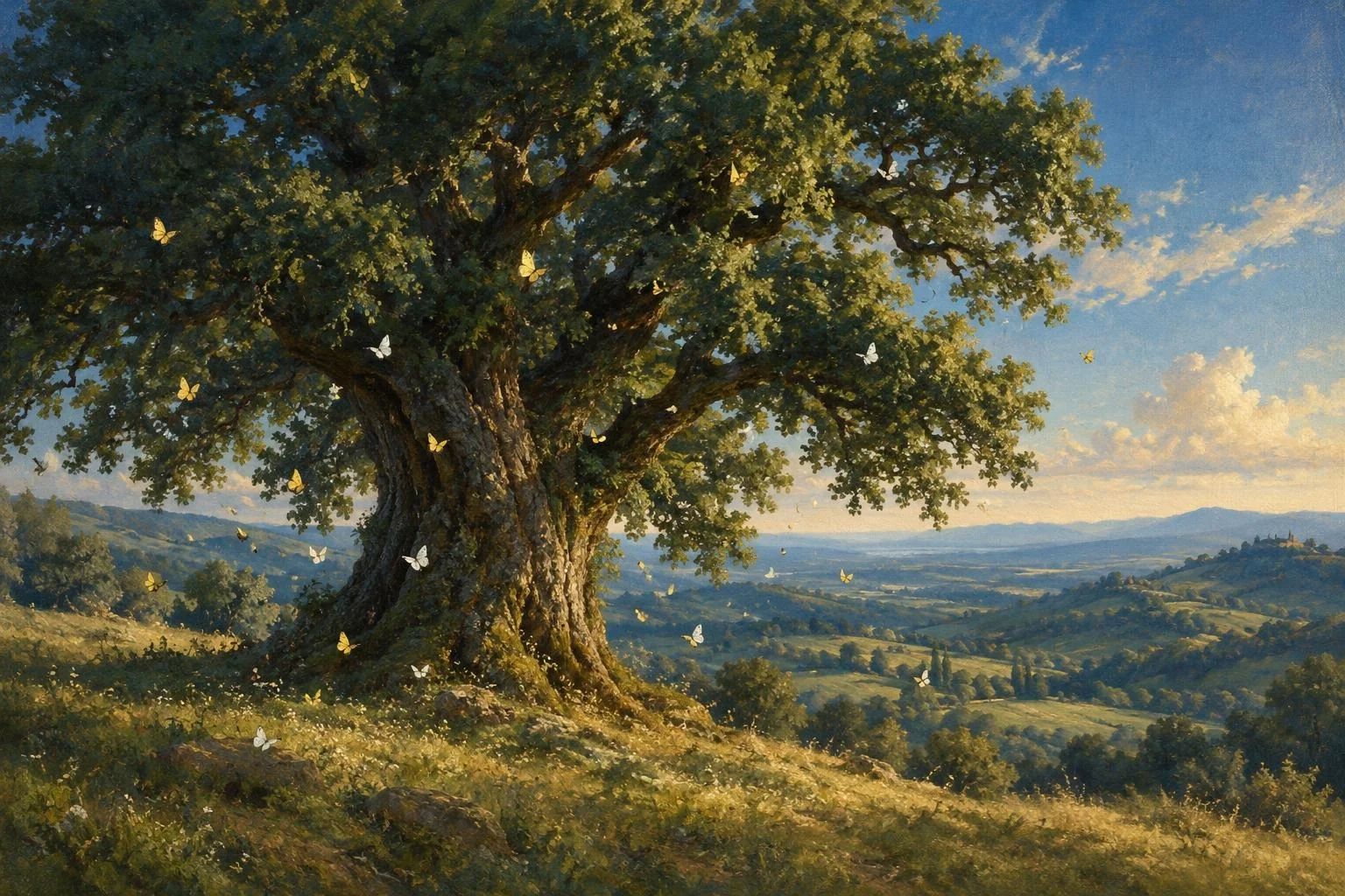 Një lis i madh në kodër i rrethuar nga flutura të panumërta në dritën e diellit