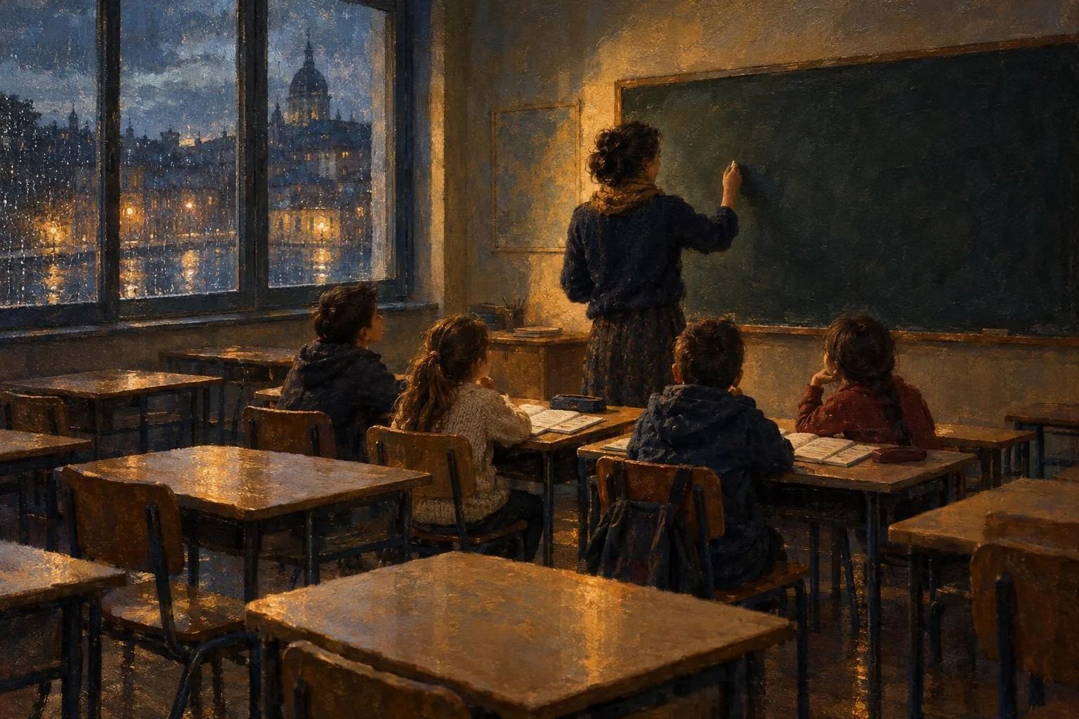 Klasë e huazuar jashtë vendit në mbrëmje: një mësuese vullnetare para dërrasës së zezë dhe disa fëmijë, mes shumë bankash bosh.