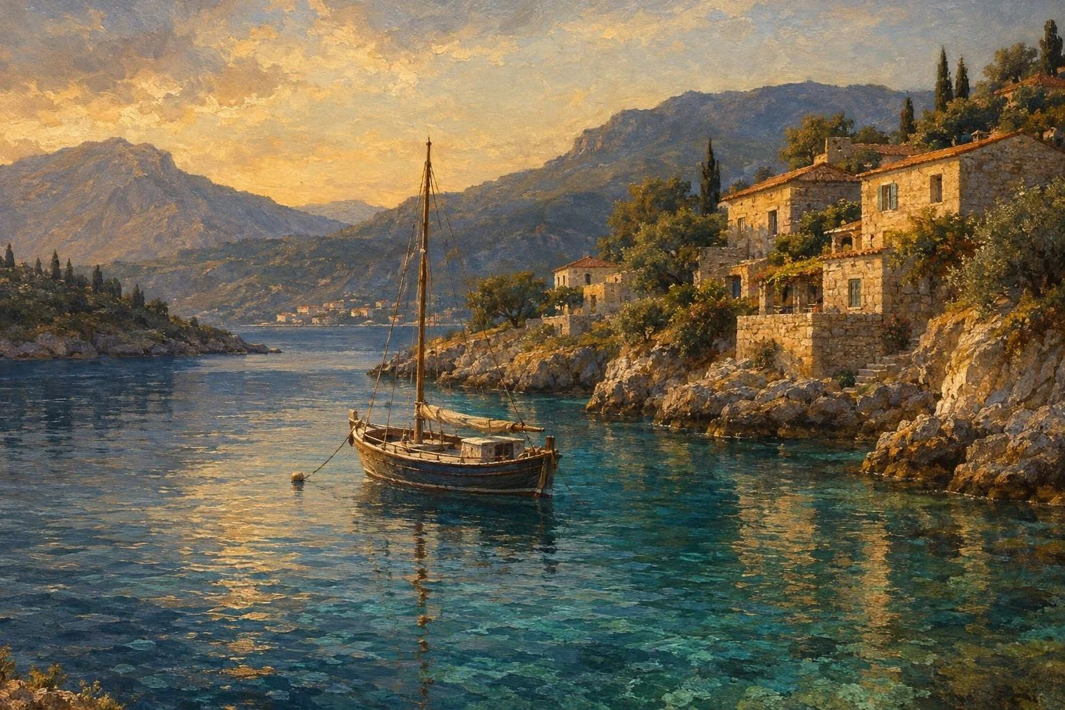 Bregdet shkëmbor me shtëpi të vjetra guri dhe një anije druri të ankoruar në gji